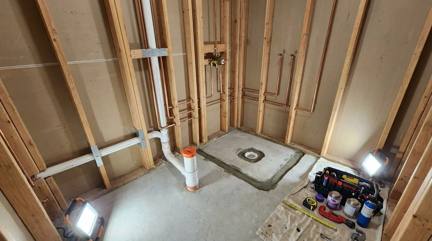 Bathroom rough-in plumbing during remodel by Johns Plumbing LLC in Lincoln Park