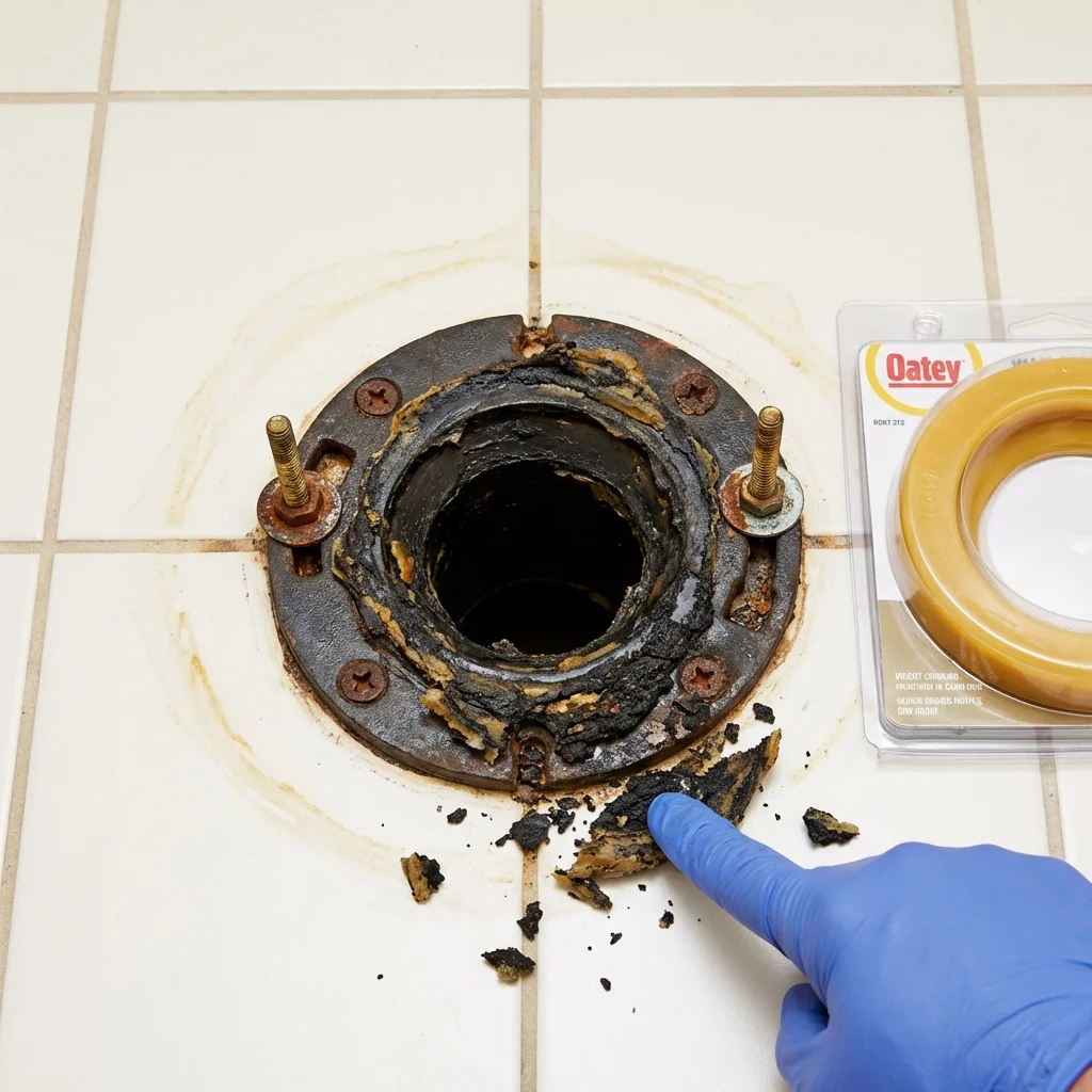 Failed wax ring showing water seepage at the base of a toilet in a Lincoln Park, MI home