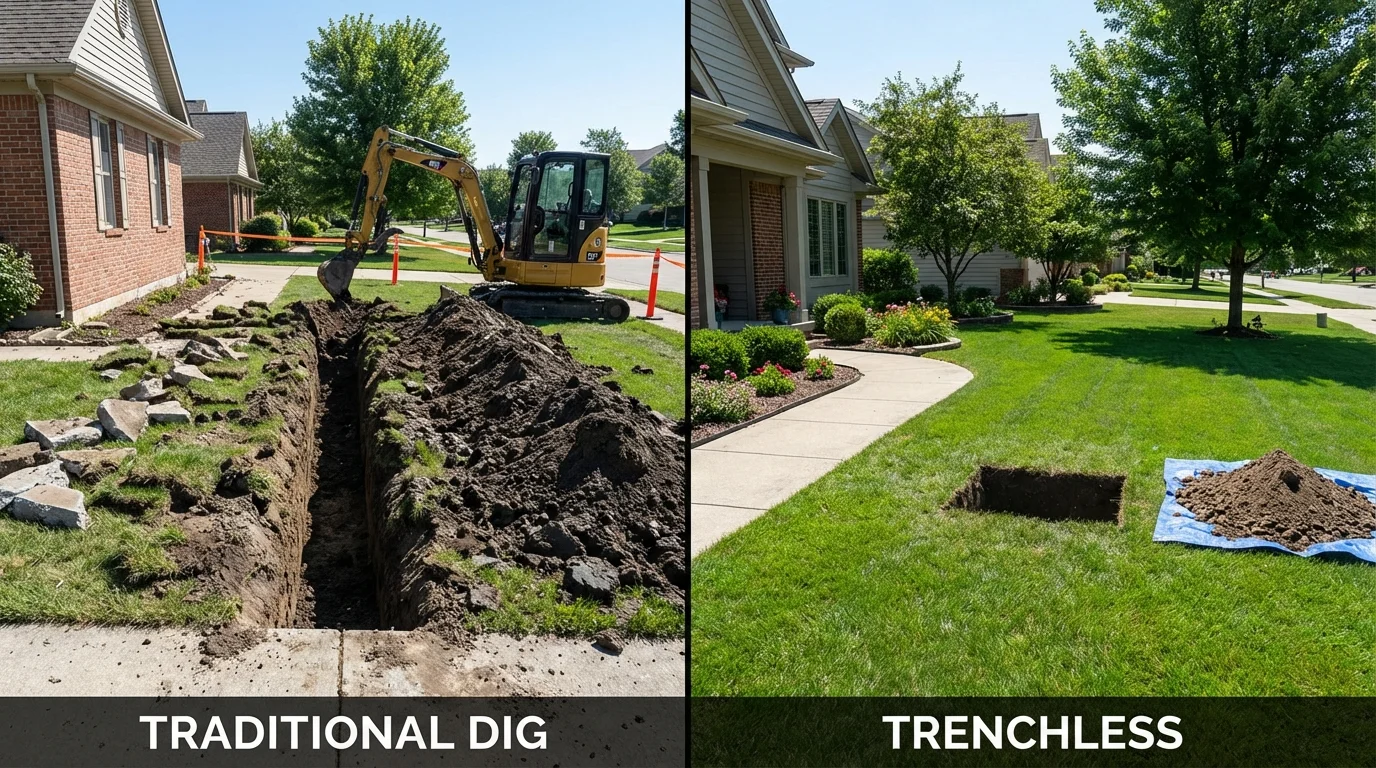 Trenchless sewer repair with minimal yard damage versus traditional excavation in Lincoln Park, MI