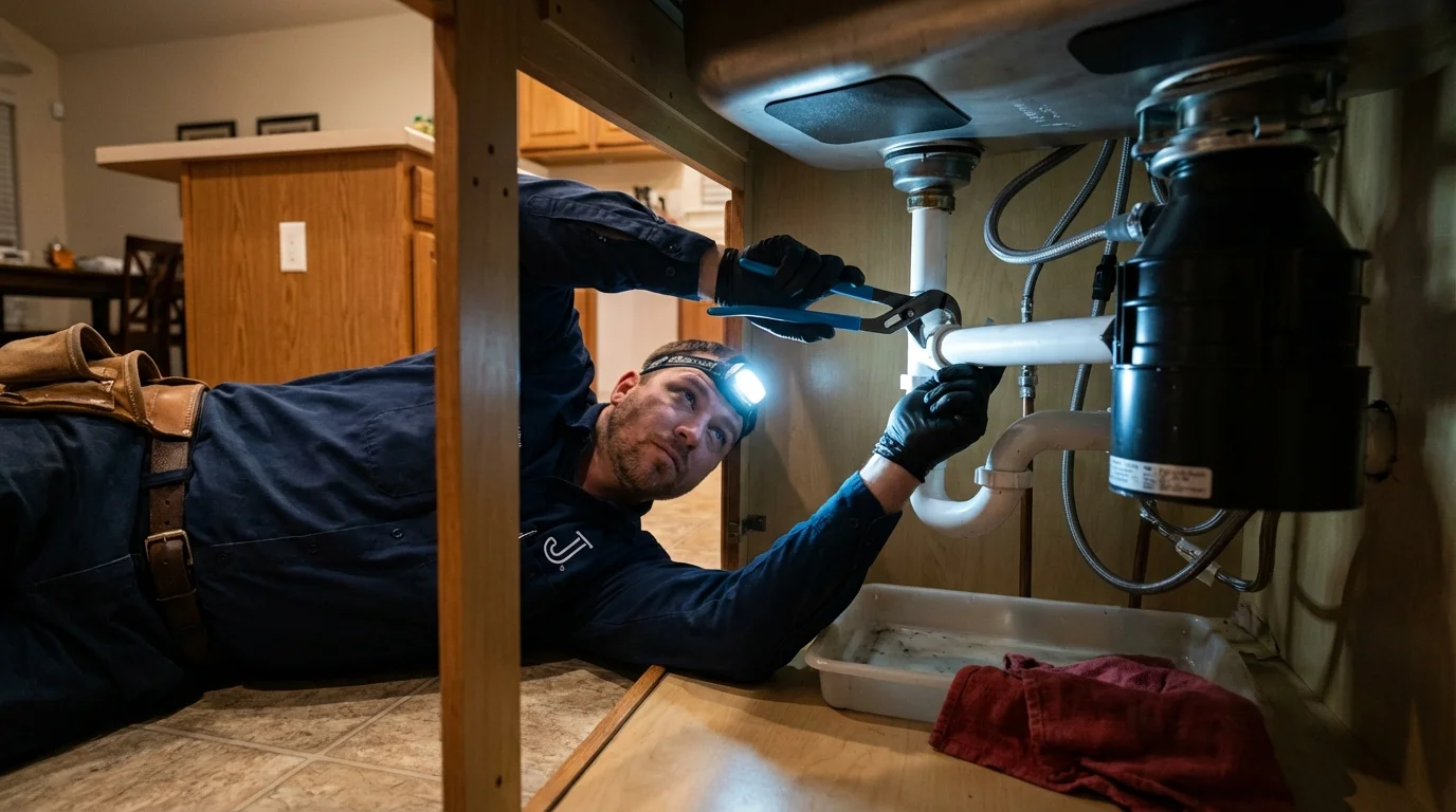 P-trap and supply line connections under a kitchen sink showing a common leak point in Lincoln Park, MI